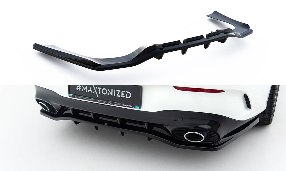 Maxton Mittlerer Cup Diffusor DTM Look Heck Ansatz für Mercedes-AMG CLA 35  / 45  Coupe / Shooting Brake C118 Facelift / X118 Facelift schwarz Hochglanz